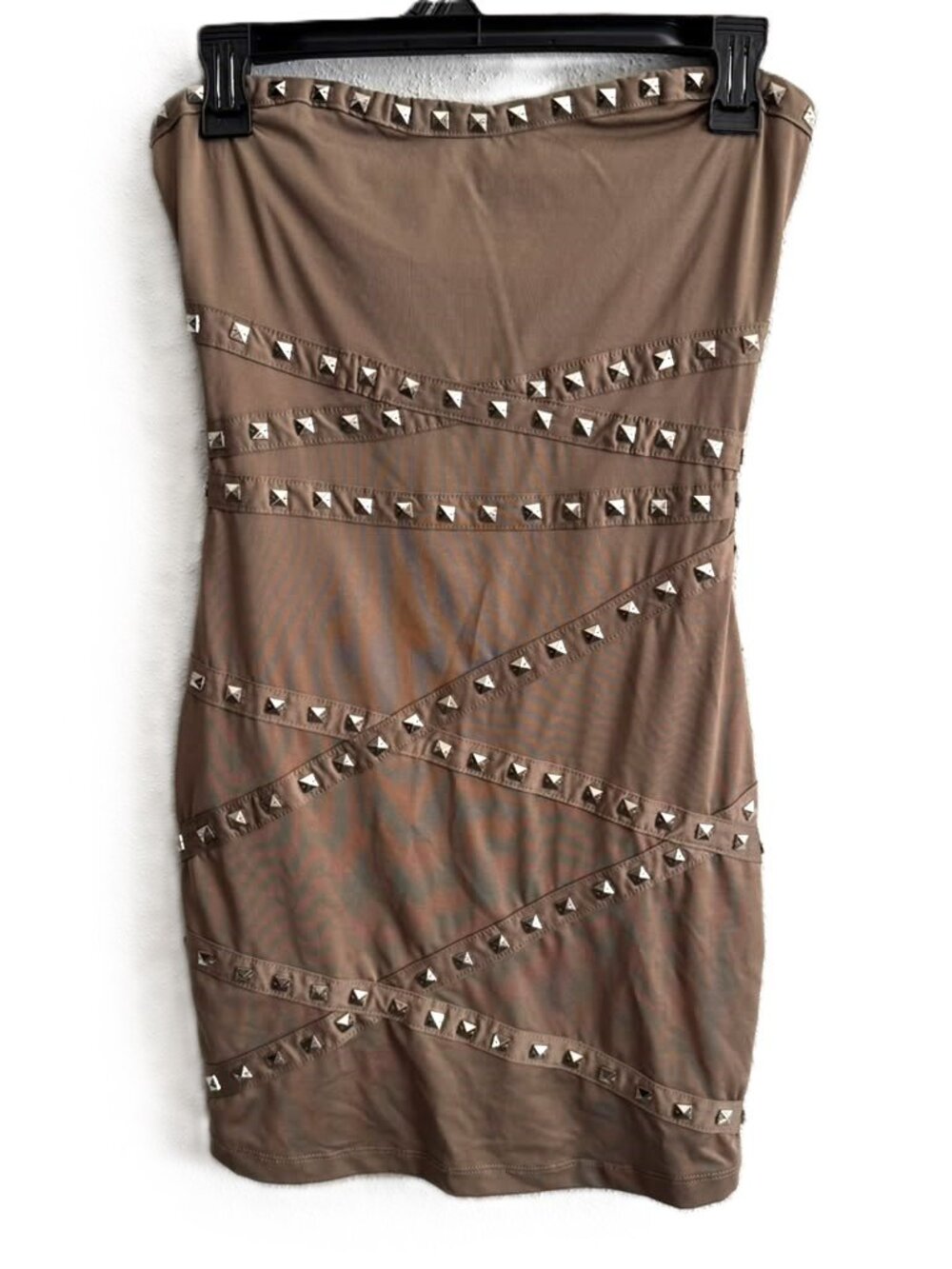 NIKIBIKI Vtg Y2K Bandage Studded Strapless Brown Stretch Bodycon Mini Dress S